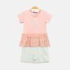 Girl’s Peach Eyelet Ruffle Hem Top & Grey Shorts Set