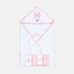 BATH TOWEL WITH 4 FACE TOWELS PINK / WHITE
